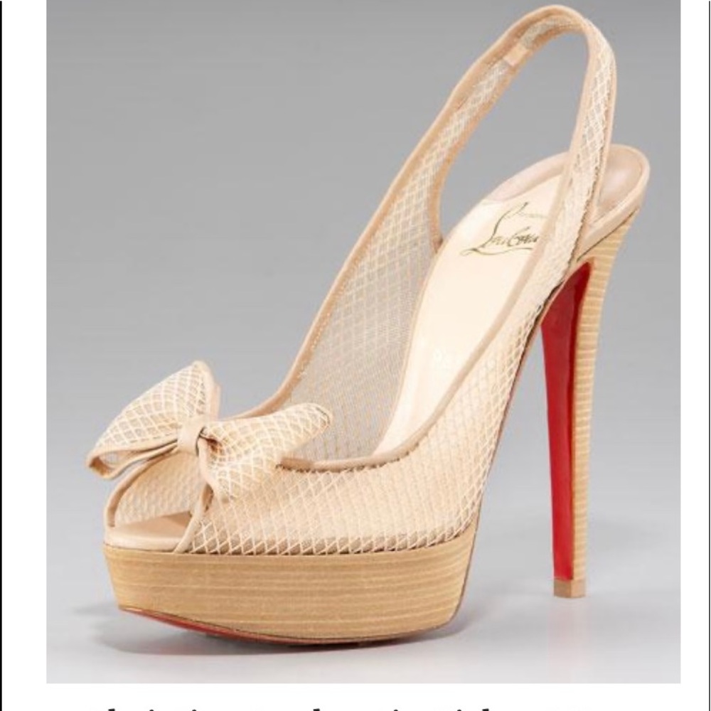 Christian Louboutin 140 Fishnet Slingback w/Bow Beige Sz38 #99276 $835 Authentic